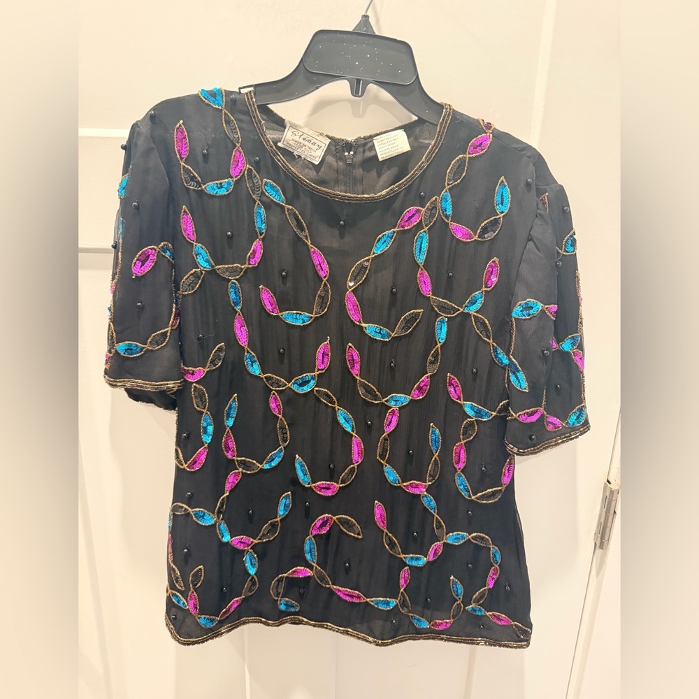Vintage Stenay Beaded Silk Top Black Sequin Evening Blouse M